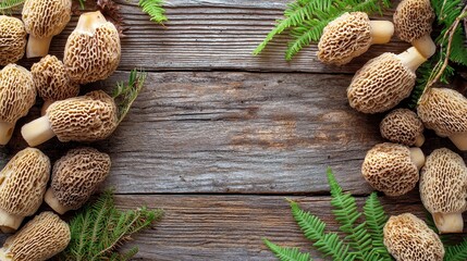Oregon mushrooms foraged morels arranged on aged wood background with regional ferns and conifer sprigs displaying natural honeycomb surface texture in earthy brown tones