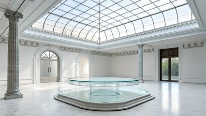 Elegant interior space with skylight and modern glass table in luxurious architectural setting