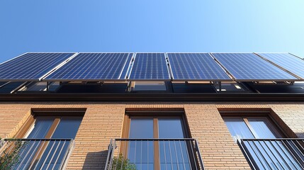 Solar panel performance array on modern residential building with brick facade and clear blue sky background