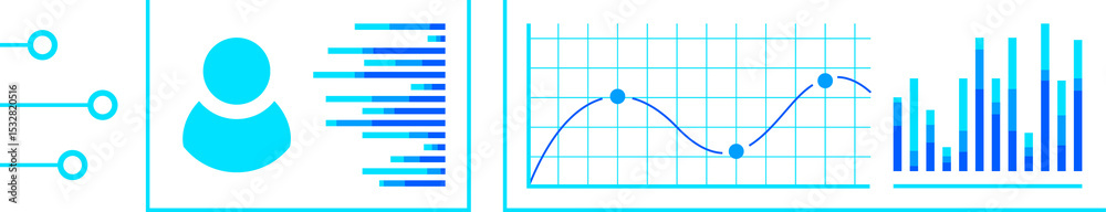 Poster flat design data icons showing user icon, grid, bar and line charts on transparent background