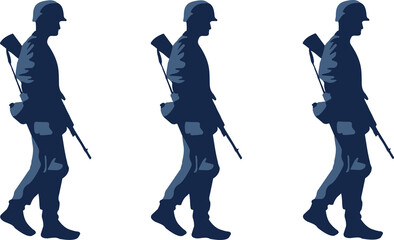 Three blue vector soldier silhouettes are marching with helmets and rifles, transparent background
