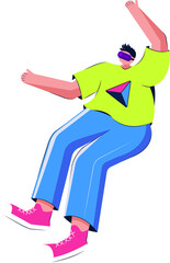 Person is floating in flat design with vr headset prism logo and pink shoes transparent background