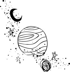 Fototapeta premium Monochrome line-art is showing banded planet, spiral orb, crescent, stars on transparent background