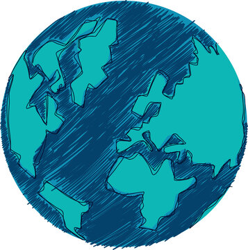Naklejki Sketched planet Earth is floating on hatched ocean with teal continents, transparent background