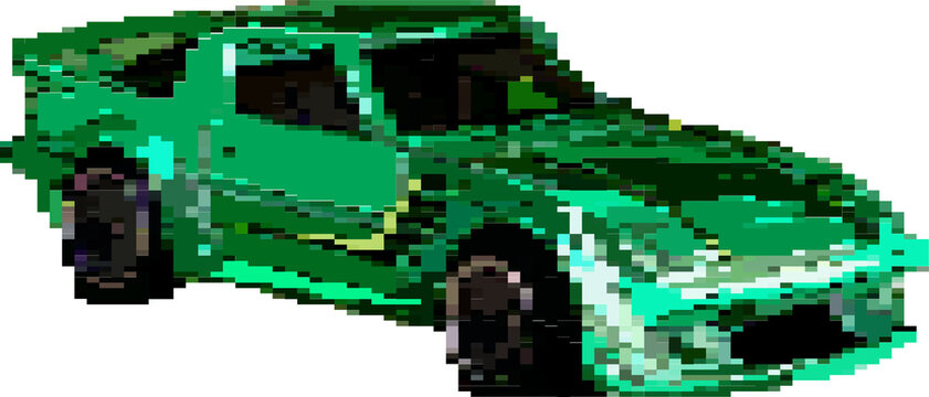 Fototapeta Pixel art green coupe is showing tinted windows, black wheels and spoiler on transparent backdrop