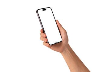 Close-up of hand showing modern smartphone with blank screen isolated.