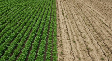 Lush green crop juxtaposed with dry, cracked earth reveals stark contrast in agricultural conditions