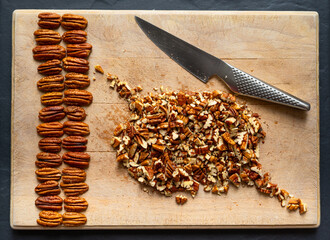 Pecans on a chopping board
