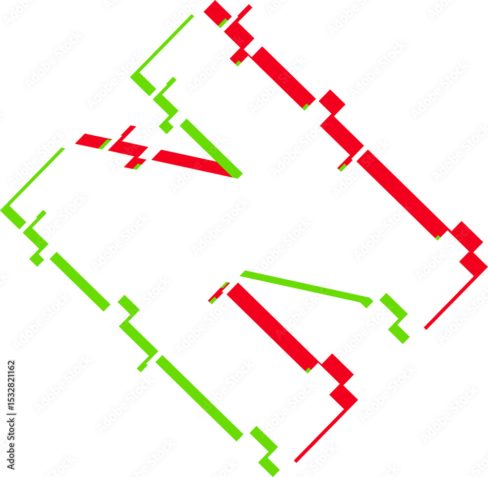 Poster abstract geometric form is floating on transparent backdrop with white blocks and red green borders
