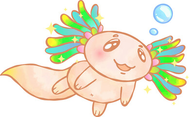 Cartoon axolotl is floating on clear background with pastel pink, rainbow gills, bubbles, sparkles