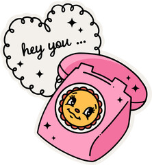 Cartoon-style retro phone is showing smiling sun face, heart bubble saying hey you on transparent