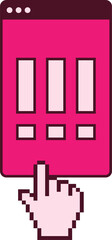 Flat vector touchscreen graphic is floating on transparent background with pixel-art hand tapping