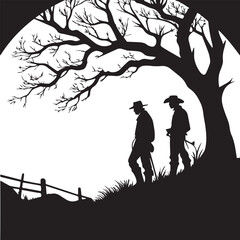Two Cowboys Hiking Under a Majestic Tree Silhouette