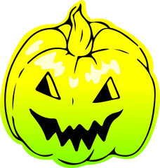 Cartoon jack-o'-lantern is being shown on clear background, with gradient, carved face, curled stem