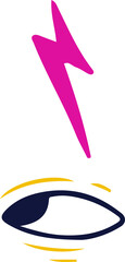 Flat emblem is combining navy eye outline with magenta bolt and gold arcs on transparent background