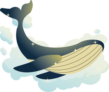 Stylized gradient whale is floating in puffy clouds, star sparkles, pale underbelly, transparent bg