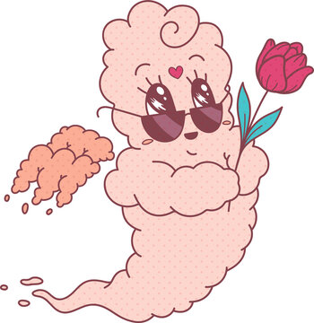 Fototapeta Dotted pink cotton candy creature is wearing sunglasses, holding tulip on transparent background