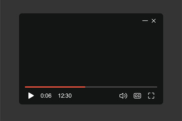 A minimalist video player interface with a dark background, featuring a large play button, progress bar (0:12/3:20), rewind, volume, settings, and fullscreen icons. Clean design, ideal for UI/UX proje