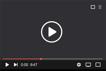 A minimalist video player interface with a dark background, featuring a large play button, progress bar (0:12/3:20), rewind, volume, settings, and fullscreen icons. Clean design, ideal for UI/UX proje