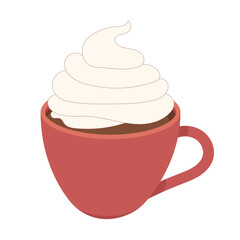 Cup of Hot Chocolate with Whipped Cream Vector Illustration. This is a red ceramic cup filled with hot chocolate and topped with a generous swirl of whipped cream.