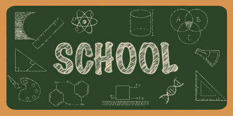 classroom green chalkboard with doodle school text, science, paint, and mathematic elements