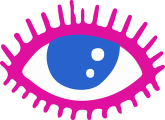 Flat design eye is appearing with magenta lid, eyelash spikes, blue iris, transparent background © vectorfusionart