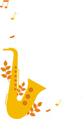 Flat vector saxophone is floating on transparent backdrop, with orange leaves and musical notes