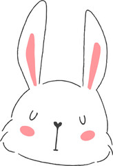 Minimalist line-art rabbit head is resting on transparent background, showing pink cheek blush