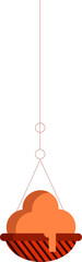 Striped basket is hanging from cable holding melting orange scoop in vector, transparent background