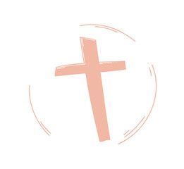 Flat-design peach-colored cross is tilting over white circle, emitting rays on clear background