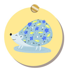 Cartoon hedgehog is being shown on yellow plaque, gold pin, blue oval base transparent background