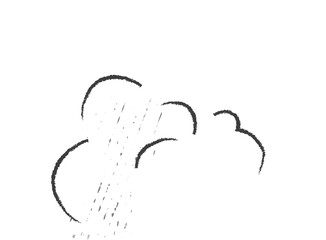 Hand-drawn puffy rain cloud floating on transparent background with droplets, circles and sparkle