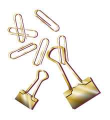 3D render showing large and small gold binder clips with paperclips on transparent background