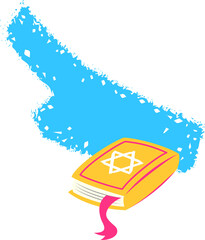 Flat vector showing yellow book with white six-point star and pink ribbon on transparent backdrop