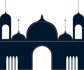 Mosque silhouette is appearing in flat vector, showing domed towers, arches, transparent background