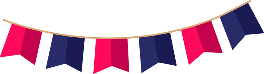 Displaying flat hanging magenta and navy blue pennant flags on brown cord on transparent background