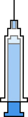 Minimalist medical syringe icon is showing needle, blue fluid and plunger on transparent background
