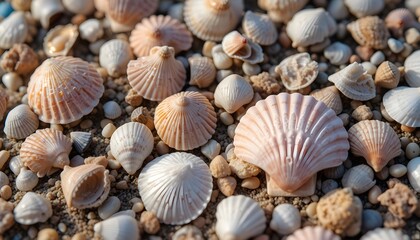 Assorted Seashells on Sand: A Coastal Collection