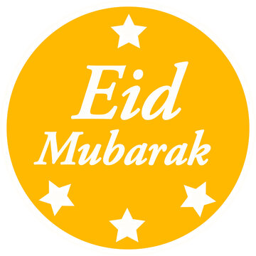 Naklejki Eid Mubarak emblem is featuring 2D gold seal with white serif text, stars on transparent background