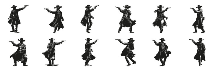 Fototapeta premium Cowboy Gunfighter Silhouettes In Icon Set. Western Action And Adventure Theme Collection. Entertainment And Historical Use. Isolated Vector Illustration