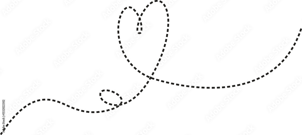 Poster abstract dashed line path is flowing across transparent canvas, looping into dark grey heart shape