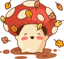 Mushroom is standing in flat design with clear background, red-spotted cap, autumn leaves, puddles