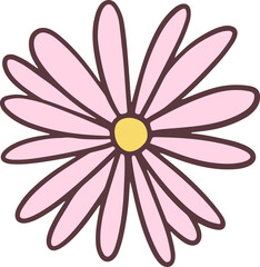 Stylized pink flower graphic is showing on transparent background with yellow core and dark outline