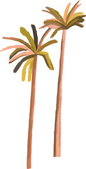 Pair of abstract palm trees rising in flat design, showing pastel fronds on transparent background