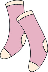 Cartoon pastel pink socks are floating on transparent background with cream patches, black stitches