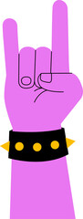 Flat purple hand is showing rock horns with studded and spiked leather band, transparent background