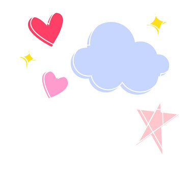 Naklejki Floating flat pastel doodles forming cloud hearts stars sparkles on transparent background