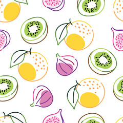 Cute seamless pattern with kiwis, figs and oranges in hand-drawn style on white background. Fruit illustration. Summer food and healthy eating concept for design and print