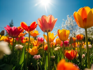Fototapeta premium A vibrant meadow filled with colorful wildflowers, including daisies, under a bright blue sky with sunlight.