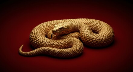 Fototapeta premium Golden snake coiled on red background